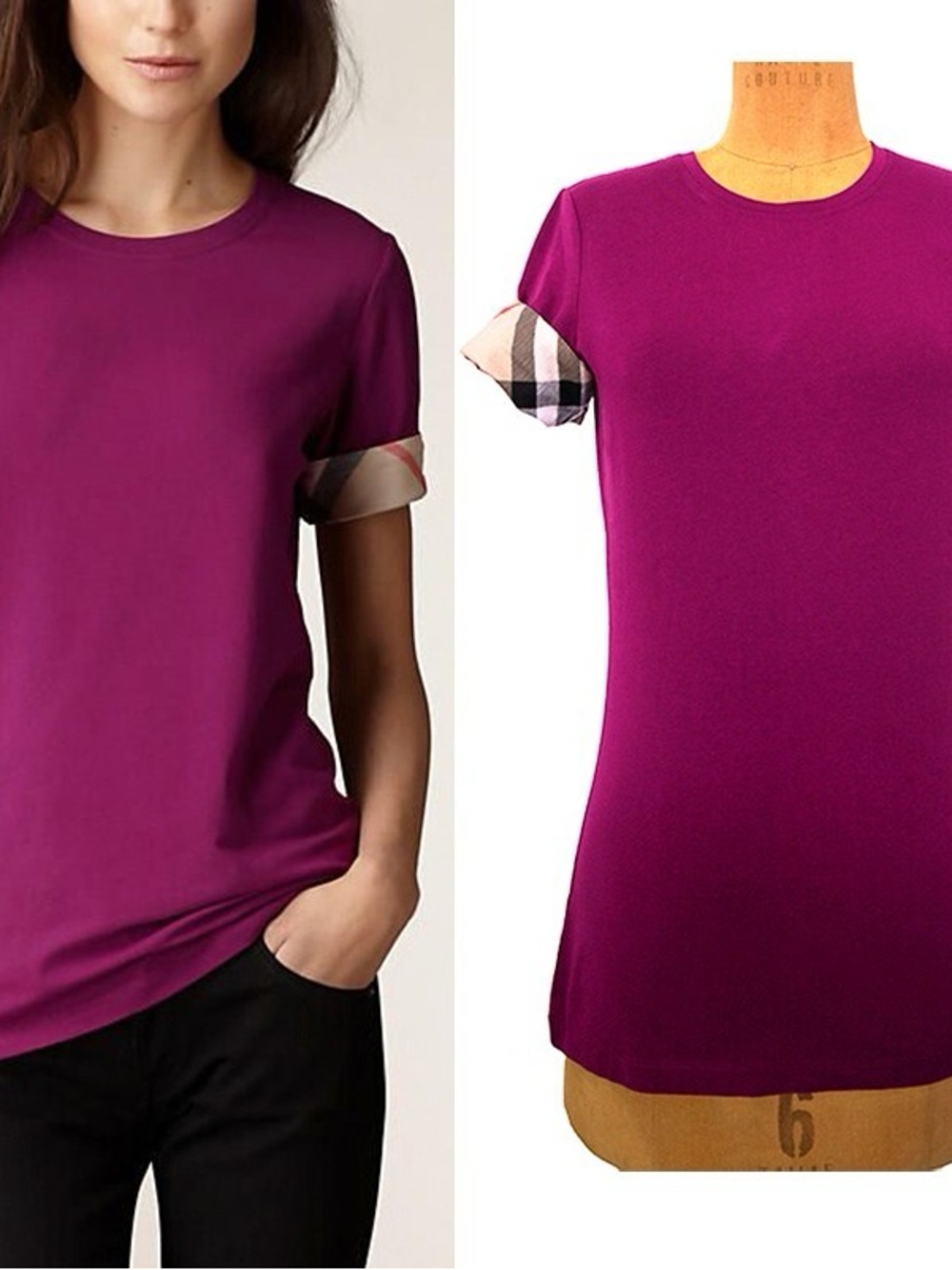 Burberry Fuchsia Short Sleeve Crewneck Tee with Plaid Cuff Detail